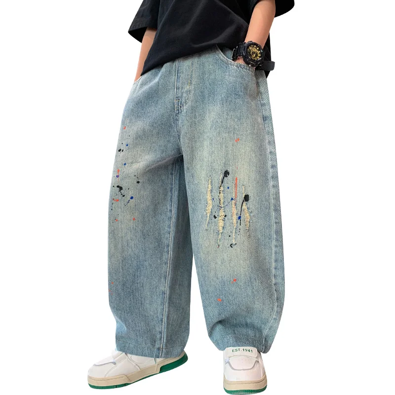 

Fashion Kids Boy American Vintage Wash Distressed Ripped Jeans With Oil Print Child High Street Casual Scratch Jeans Denim Pants