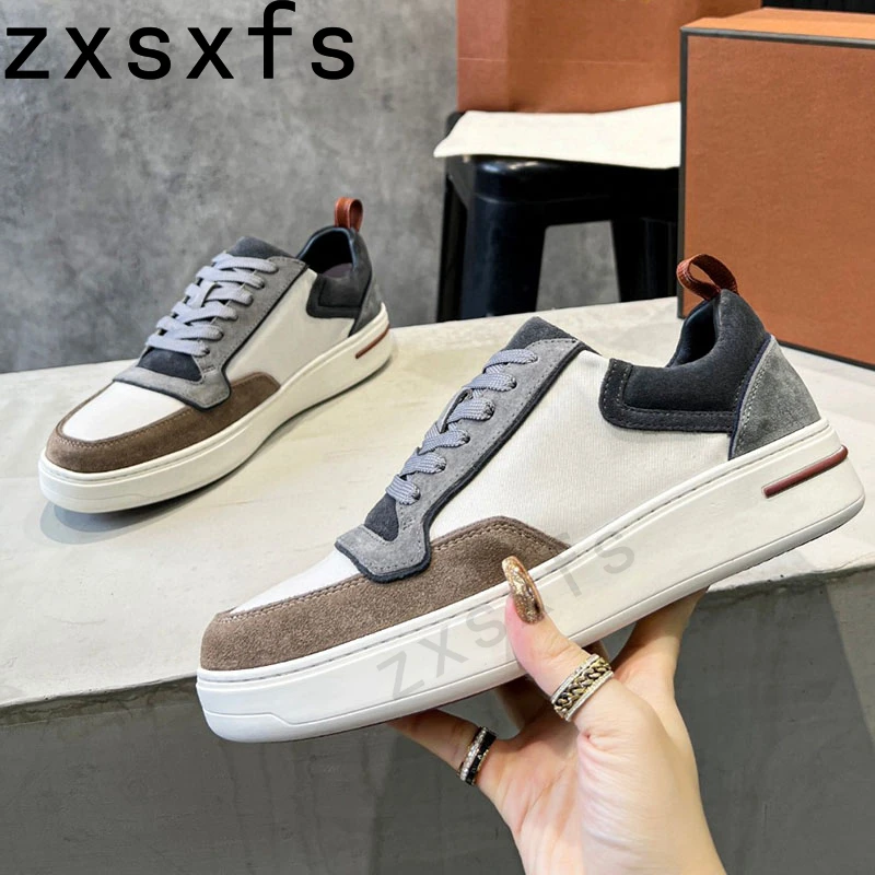 Casual Sneakers Men Genuine Leather Lace Up Flat Shoes Male Round Toe Patchwork Running Shoes Comfort Sports Shoes Man 2023