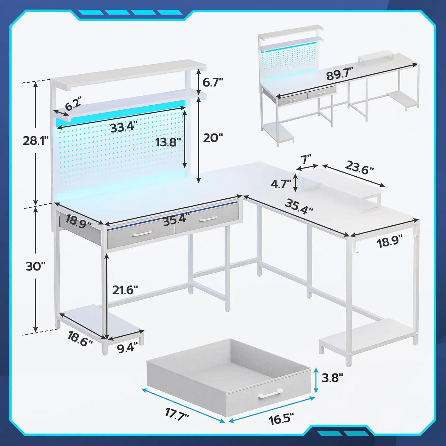 Bureau de jeu blanc en forme de L avec lumières LED, bureau d'ordinateur avec clapier et panneau perforé, égouts de proximité