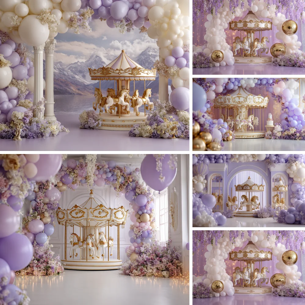 

Girls Baby Show Backdrop Photography Purple Fantasy Carousel Balloon Glitter Background Kid Birthday Party Photo Studio Supplies