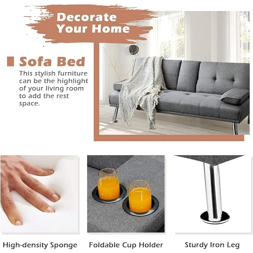 أريكة سرير فوتون منجدة من الكتان بالحجم الكامل، أريكة قابلة للتحويل مع ساق معدنية، مثالية للشقق والمساكن #6