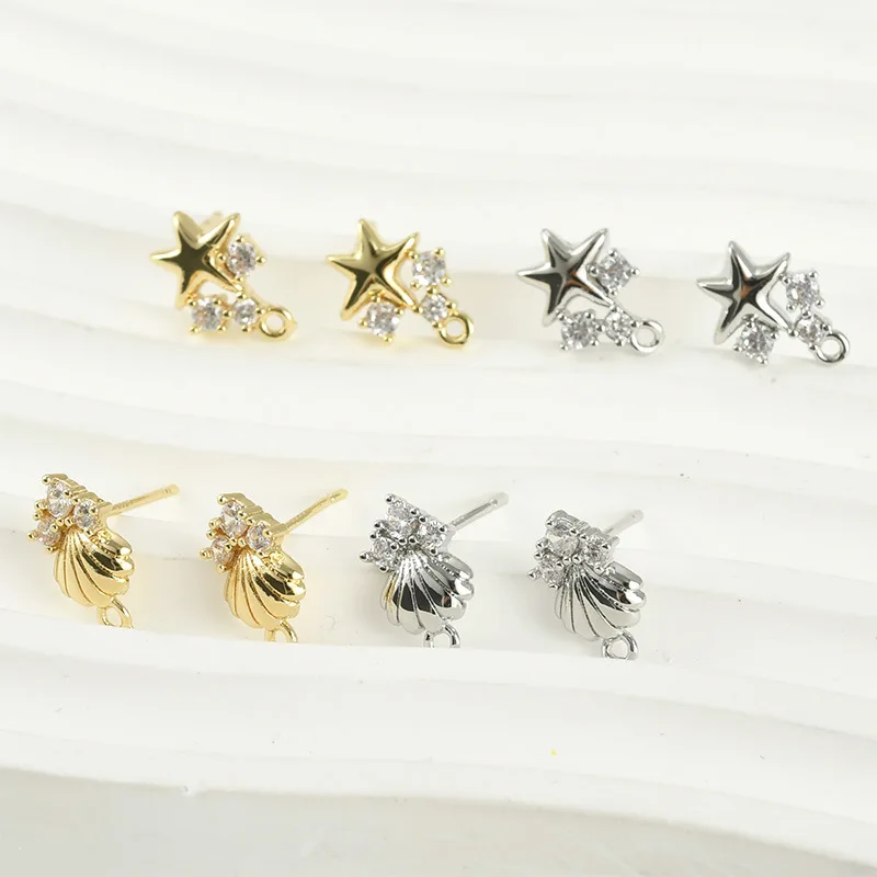 Copper-plated 14k Gold Color-preserving Zircon Starfish Shell Stud Earrings DIY Handmade Earrings Jewelry Accessories Material