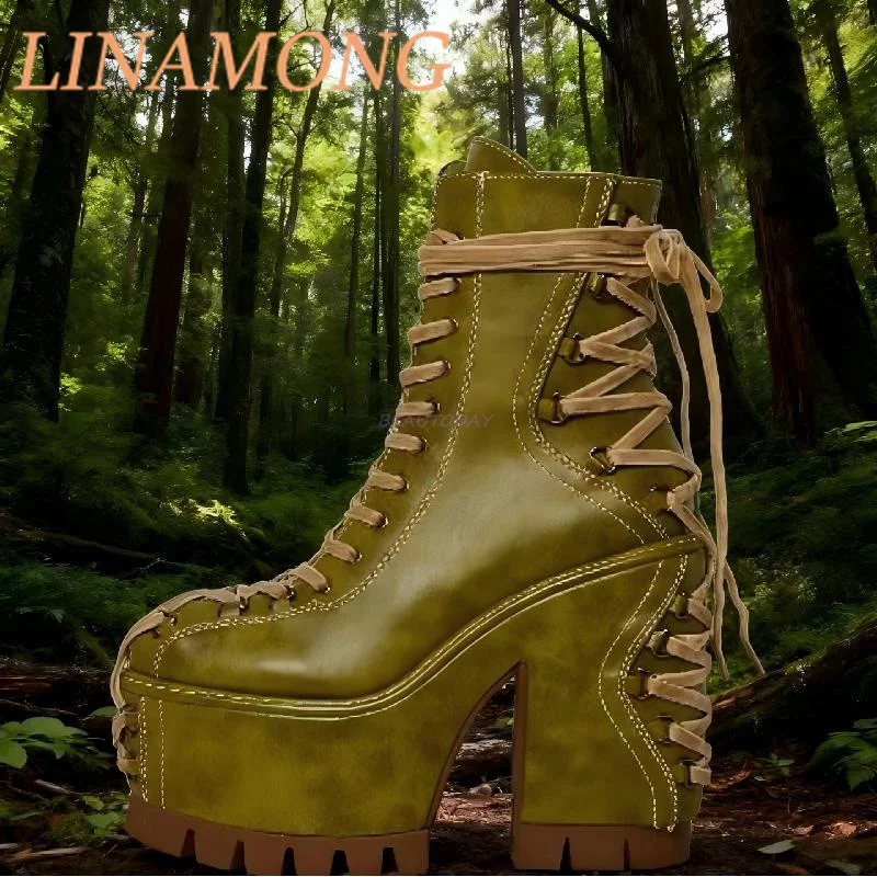 

Thick Heel Cross Lace Up Short Boots Fashionable Coffee Colored Ankle Strap Design Elegant and Thick Sole High Platform Shoes