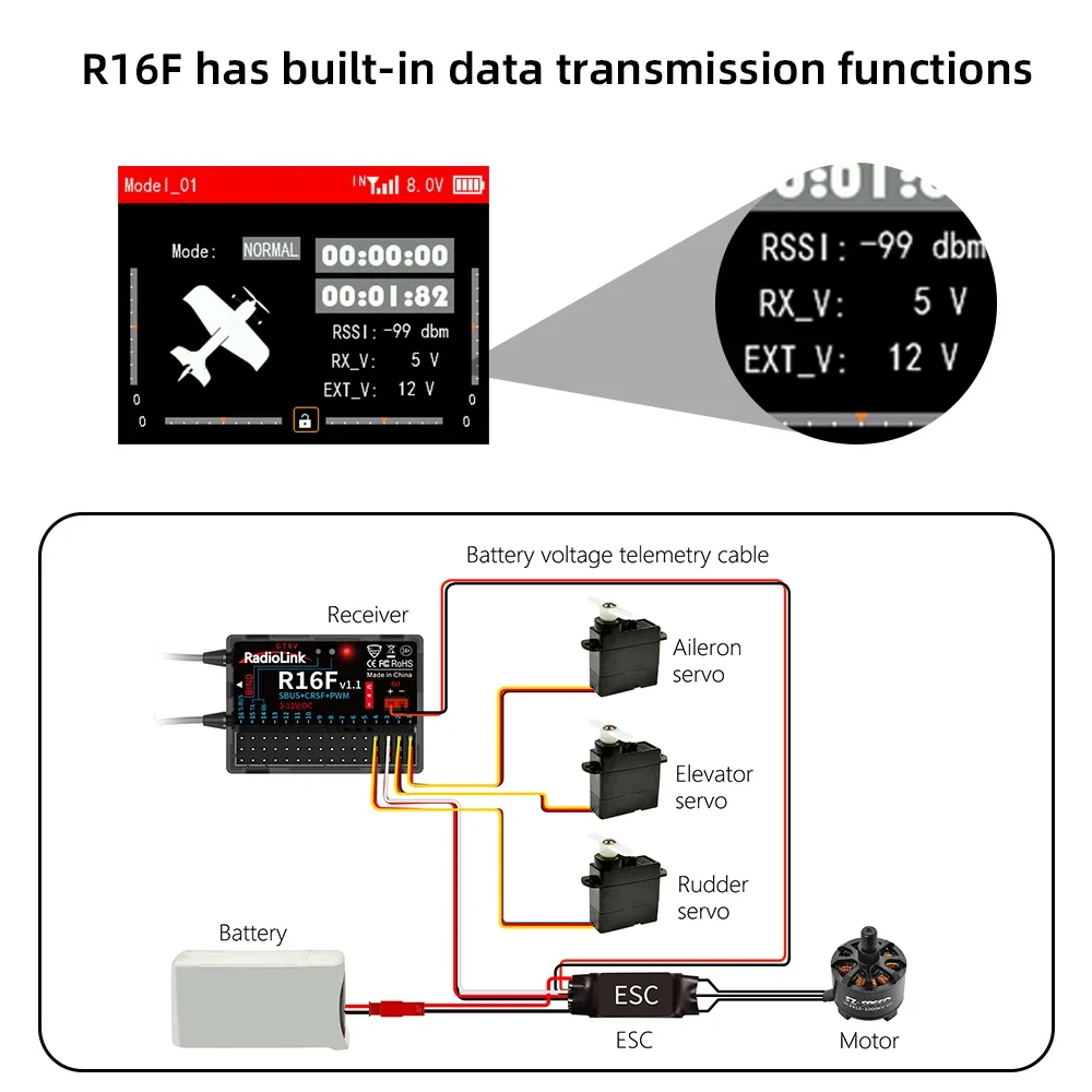 

Radiolink R16F 16 Channel Receiver Telemetry Built-in Simulator Program Telemetry 600m Long Range RX for RC Plane Car Boat Tank