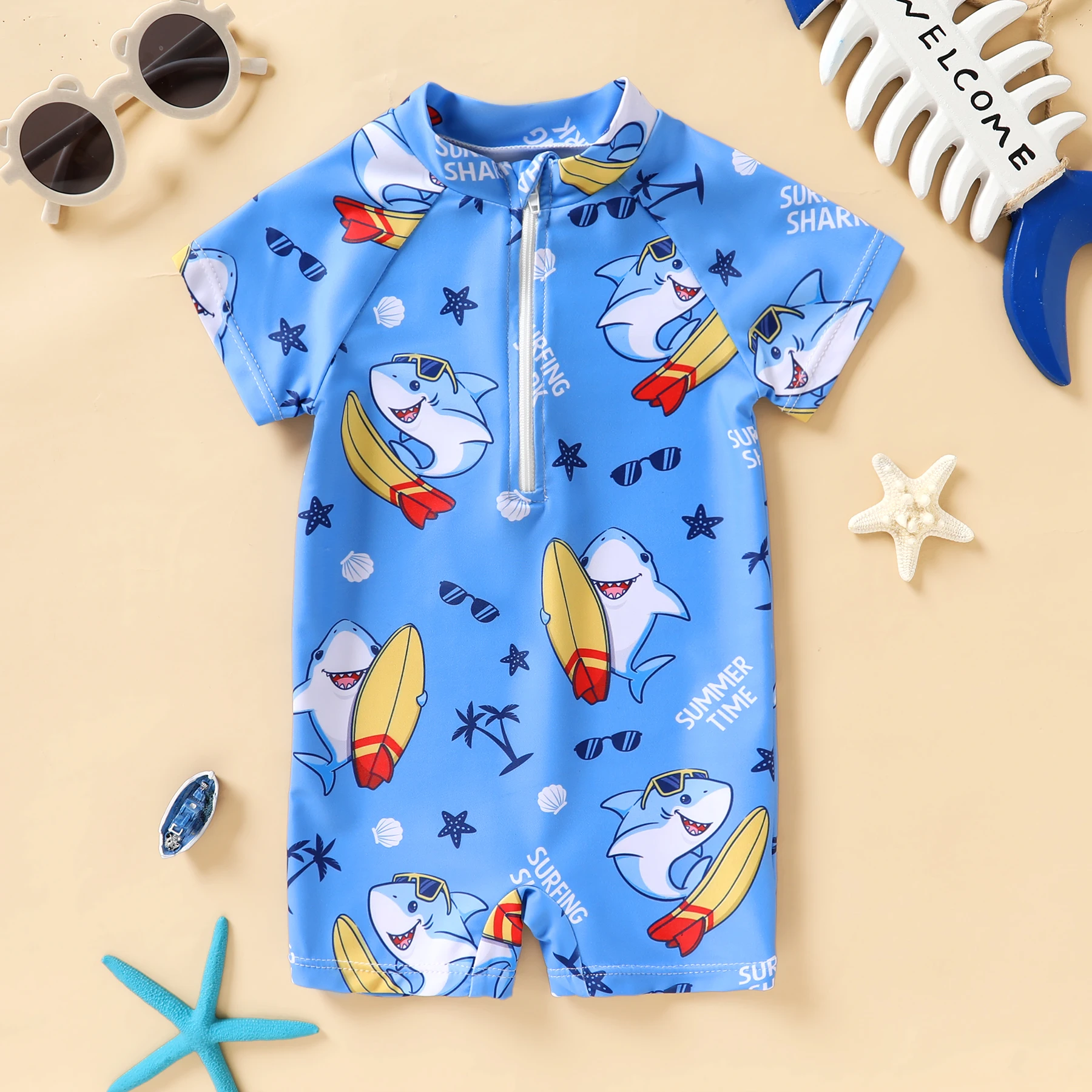 Newborn Baby Boy Swimsuit One Piece Zipper Printed Tight Fitting Short Sleeve Beach Swimwear Bathing Suit