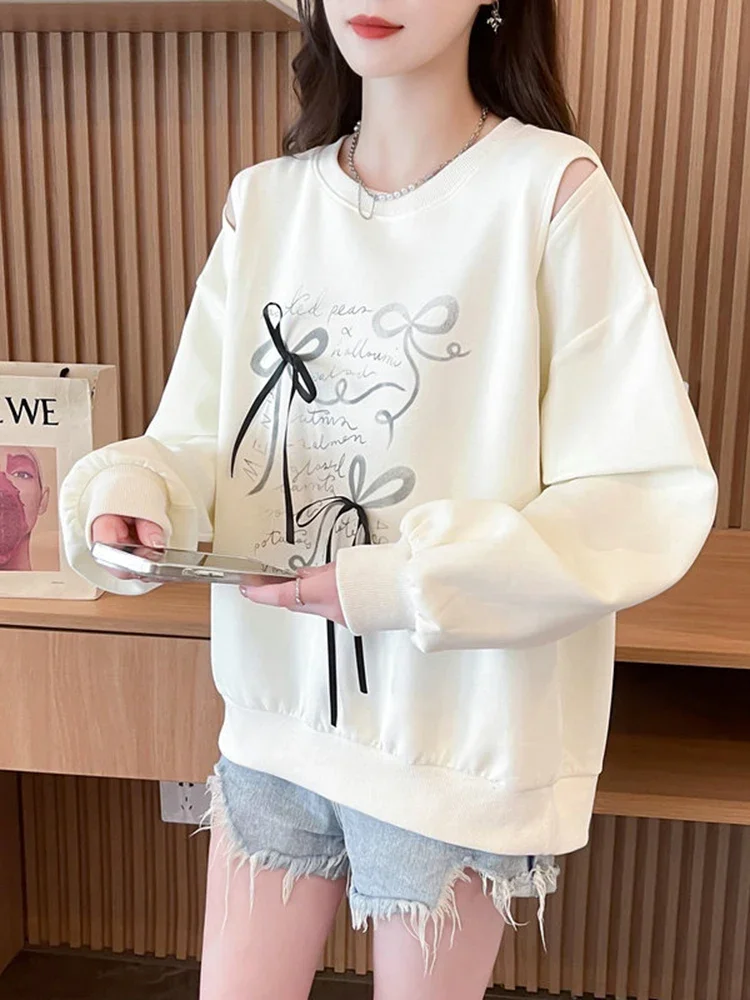

Толстовка с вырезом и бантом, женские милые свободные пуловеры в консервативном стиле, модные милые женские осенние японские топы с длинными рукавами и буквами 2025