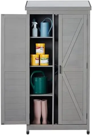 68'' Outdoor Storage Cabinet, Wooden Garden Tool Cabinet with Metal Top | Large Vertical Storage, Metal Work Supface