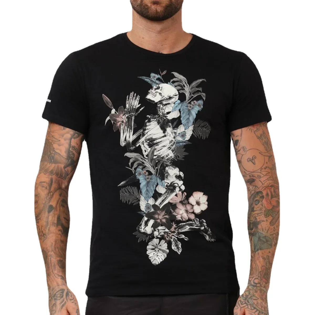 

Fashion Flower Skeleton Pray T-Shirt 100% Cotton O-Neck Short Sleeve Summer Casual Mens T-shirt Streetwear