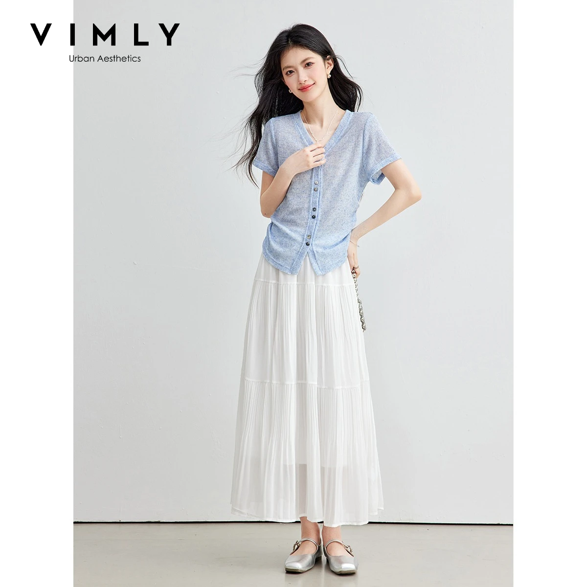 VIMLY Women's Fashion Commuter Two-piece Set 2026 Summer New Elegant Blue Top White Long Skirt Suit Ladies Daily Wear 31232