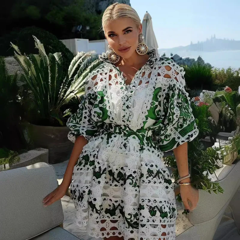 

2025Spring New Vintage Bohemian Style Stand-up Collar Puff Sleeve Waist-Controlled Lace-up Hollow Print Dress Women