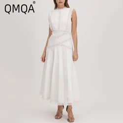 QMQA Fashion Women's Solid Hollow Out Casual Dresses Stand Collar Sleeveless High Waist Minimalist A Line Dress Female 1A856