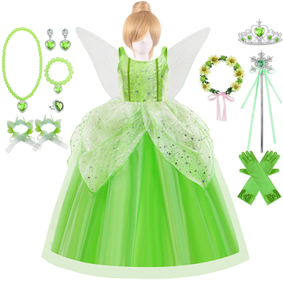 TinkerBell Girl Princess Dress for Girls Costume Kids Cosplay Green Flower Fairy Dress Tinker Carnival Party Clothing