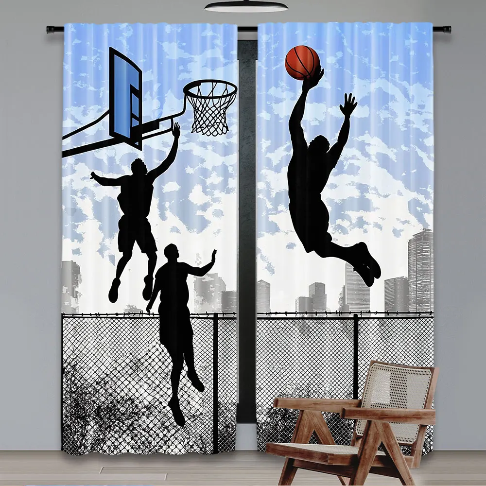 2Pcs Sports Curtains Basketball In The Street Theme Players Playing On Basketball Court For Bedroom Living Room And Dining Room