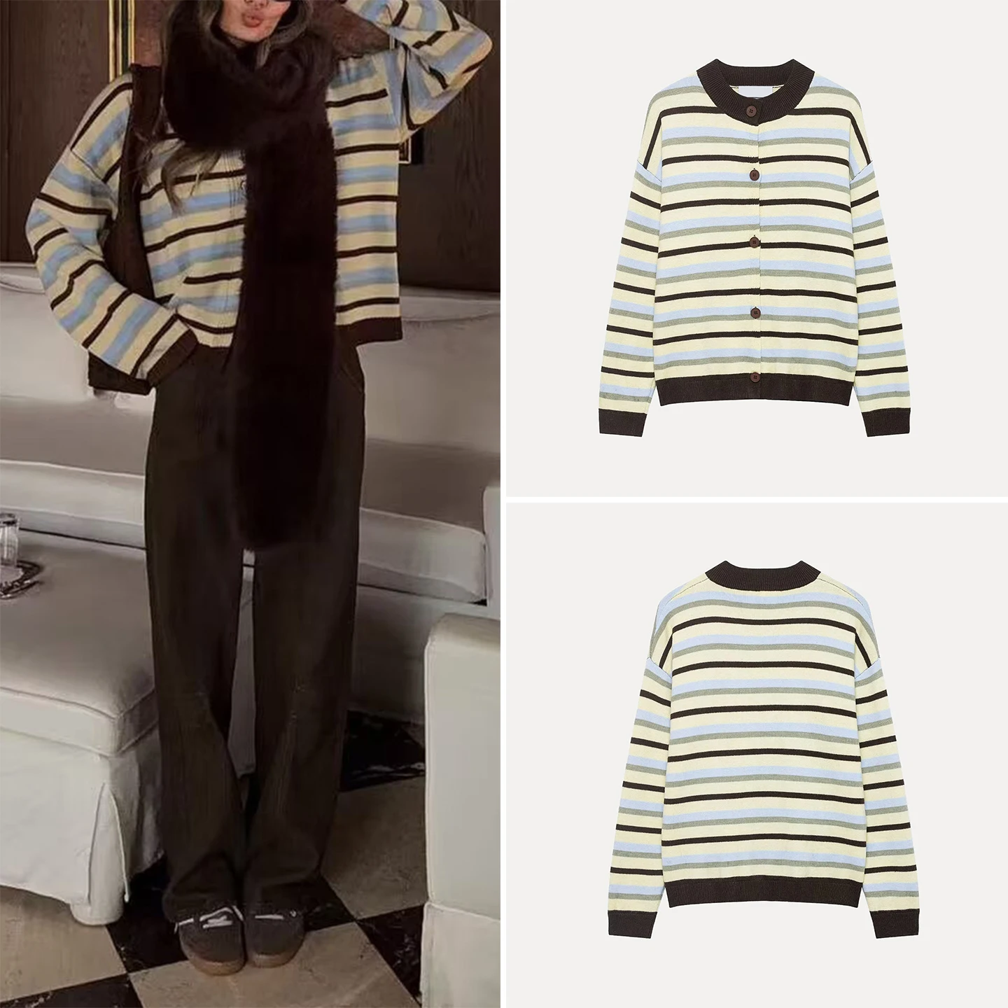 

Новинка зимы 2025: Модный женский вязаный повседневный кардиган в полоску с круглым вырезом, простой, стильный, с длинными рукавами, стандартный крой.