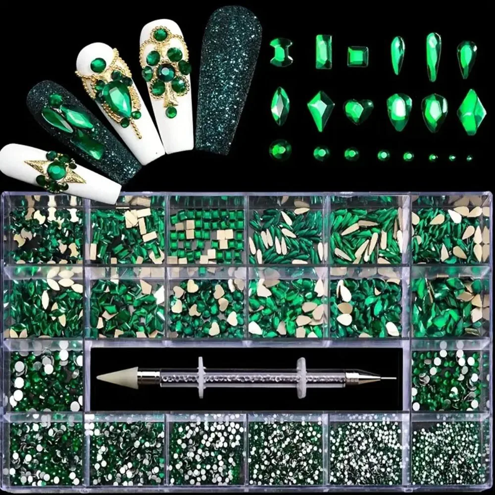 21Grids Pink Blue Green Glass Mixed Crystal Rhinestone Nail Art Decoration 3D Flatback Diamond Nail Accessories With Dotting Pen