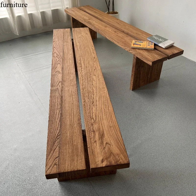 Old elm bench Solid wood wide-faced bench Long coffee table Bed and breakfast wide chair Dining table Stool Tea table Bench