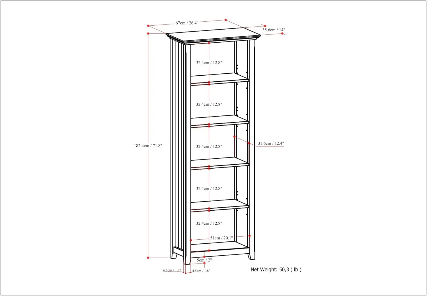 Solid Wood 26 Inch Transitional 5 Shelf Bookcase in Brunette Brown, for The Living Room, Study Room and Offic