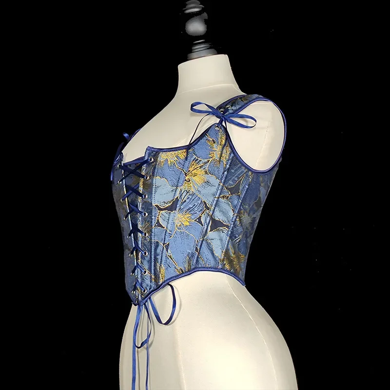 Women Corset Bustier Medieval Overbust Lace Up Boned Shaping Vest Female Slimm Waist Costume Blue Vintage Bodices For Dress