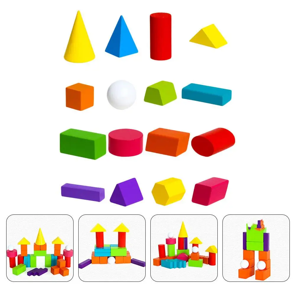 Wooden Building Blocks 3D Geometry Math Teaching Aid Kit Colorful Polished Early Education Toy Montessori