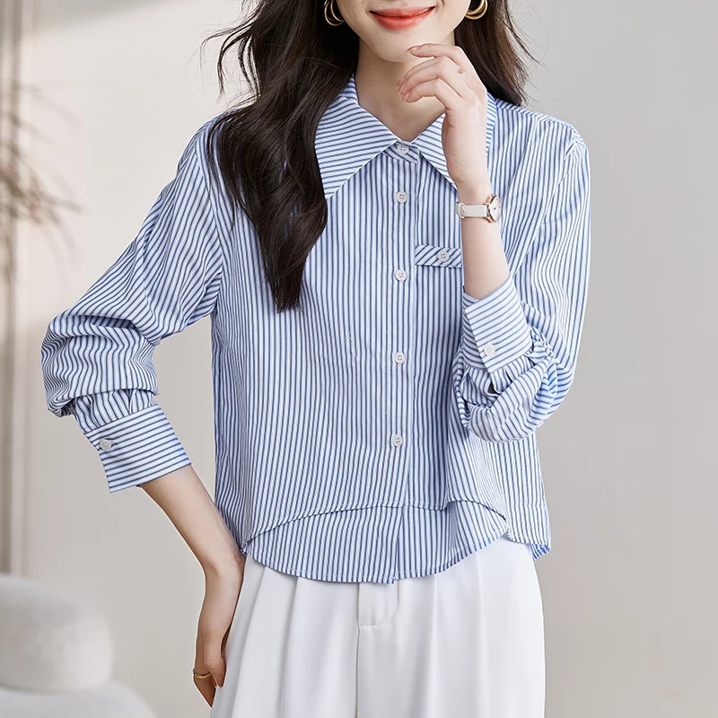 

Women Striped Blouse 2024 Autumn Elegant Stitching Shirts Long Sleeve Fashion Button Up Casual Slim Tops Blusas Femininas