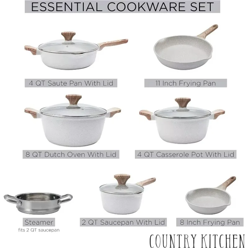 Country Kitchen Nonstick Induction Cookware Sets,11 Piece Cast Aluminum Pots and Pans with BAKELITE Handles and Glass Lids,Cream