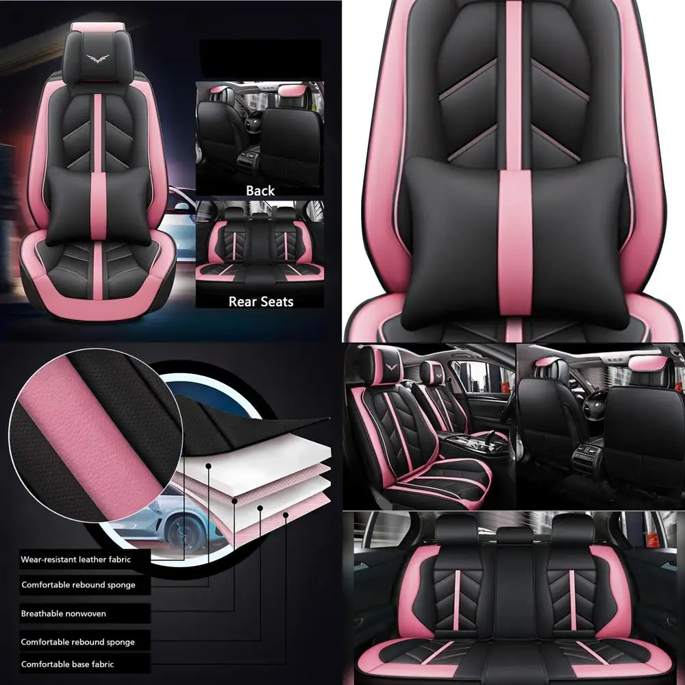 

Car Seat Covers Full Set, Leather Pink Seat Covers for Cars 5 Seats, Automotive Front and Rear Seat Protectors Universal Fit Mos