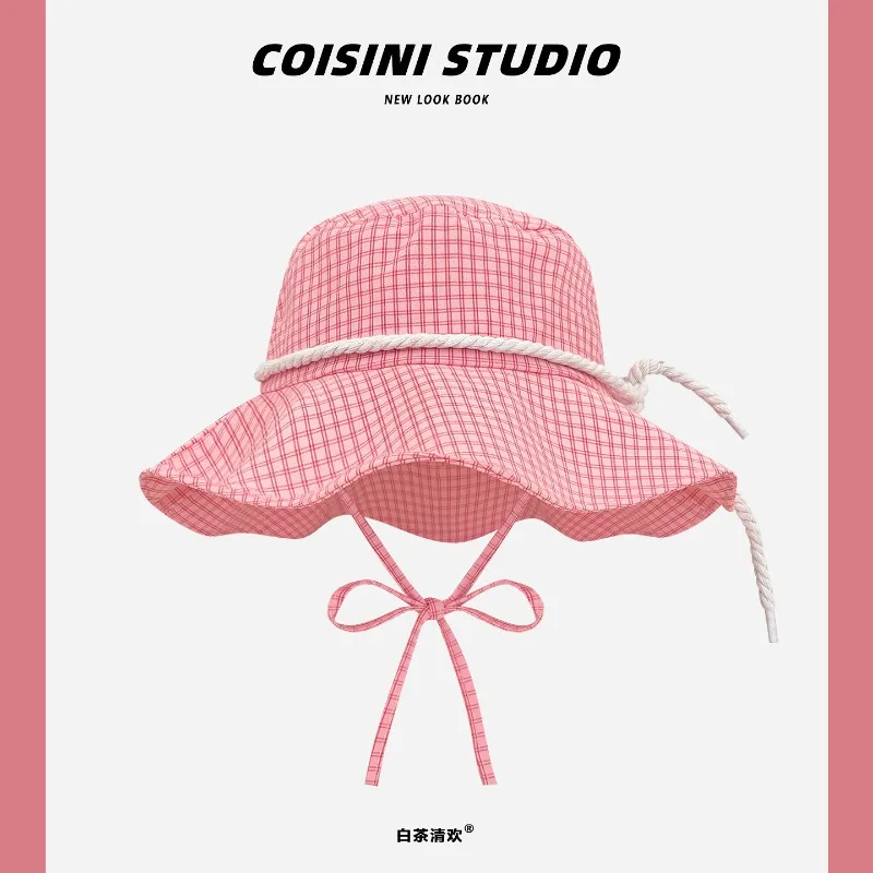 

Korean Small Fresh Plaid Lace-up Bucket Hat Women's Spring and Summer Vacation Large Brim Shade Light and Breathable Sun Caps