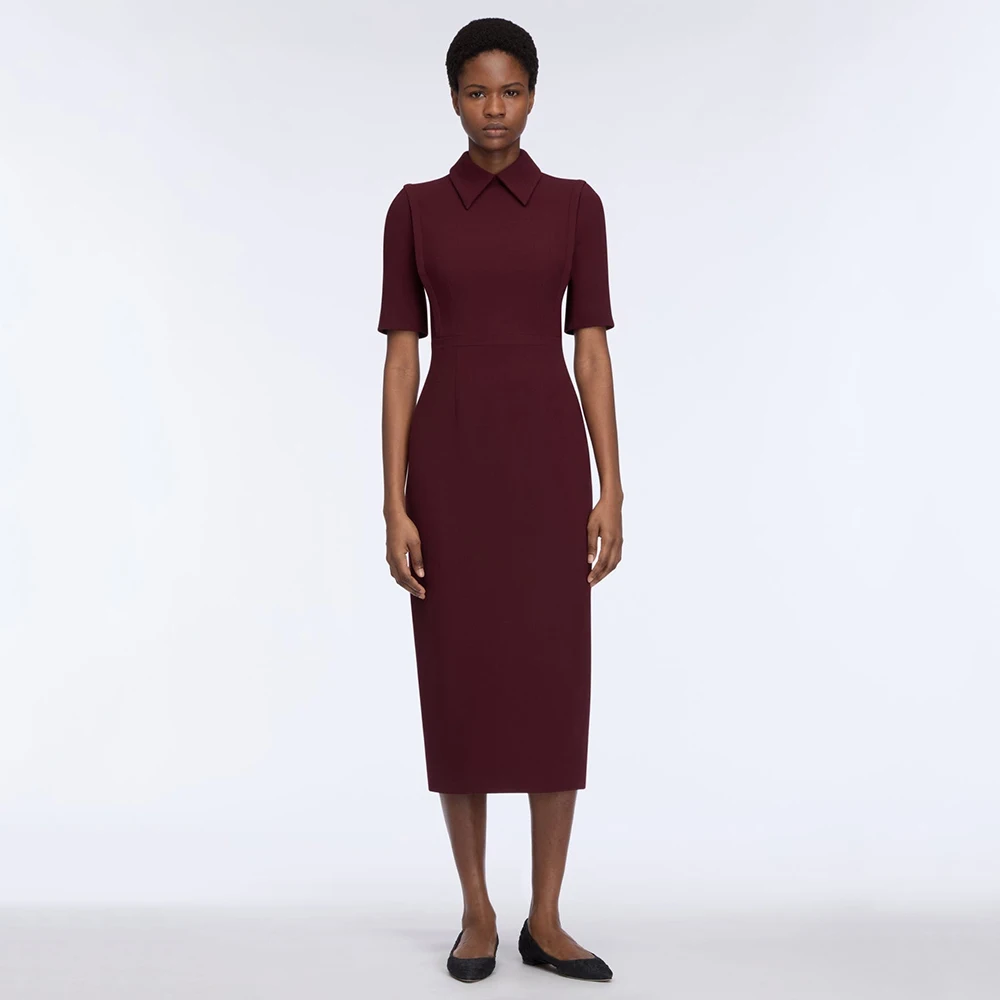 

Customized Column Women's Formal Party Dresses Midi High Collar Short Sleeves Cocktail Gowns Tea Length Burgundy Cocktail Dress