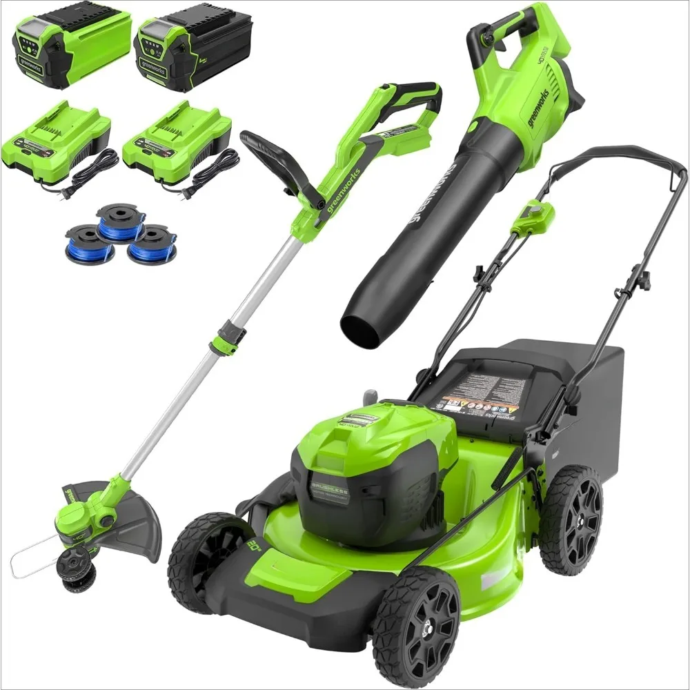 

Cordless Lawn Mower (Push), 40V 20" Axial Leaf Blower (500 CFM / 120 MPH),12" String Trimmer with 2 Batteries,Lawn Mower