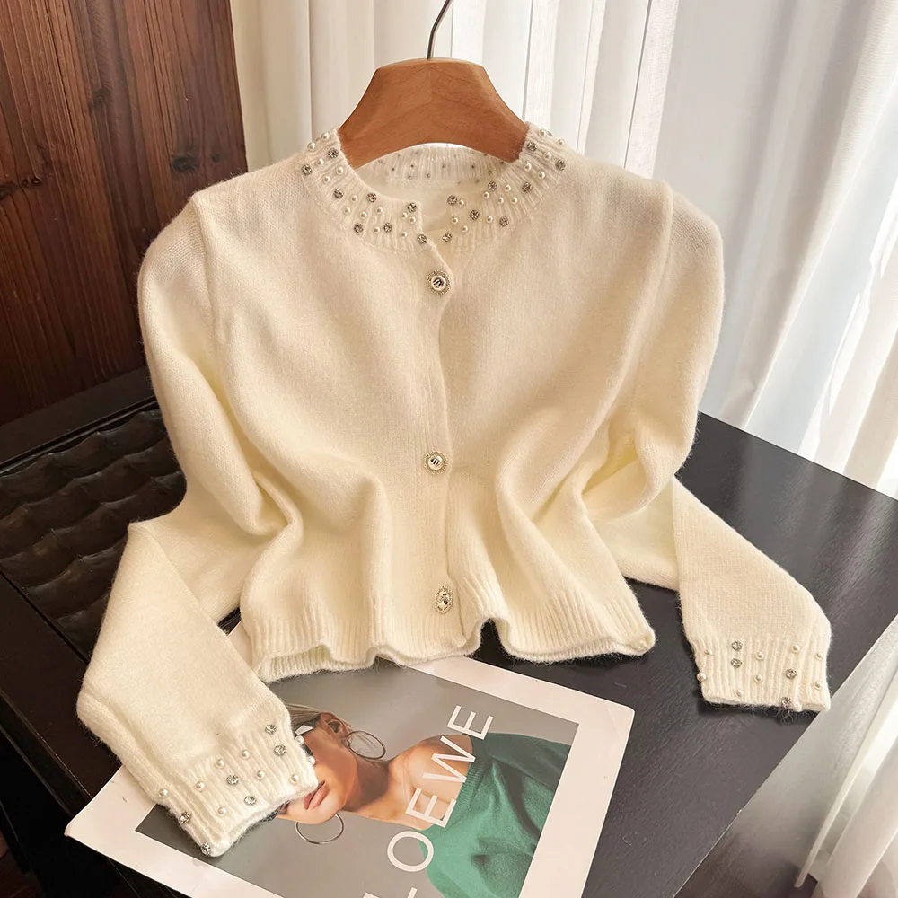 

Женский кардиган с круглым вырезом и французским бисерным декором, весенний белый топ с длинными рукавами, минималистичный дизайн, вязаный свитер-пальто