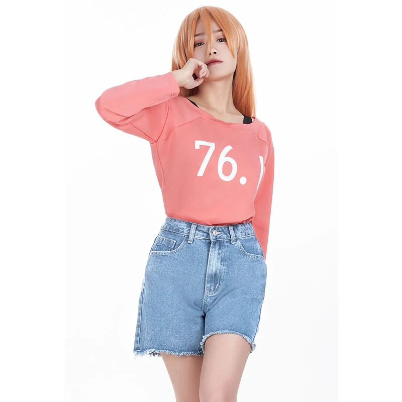 

New Power Cosplay Costume Pink T-shirt denim shorts Daily Suit Chainsaw man Anime same Women Cosplay A