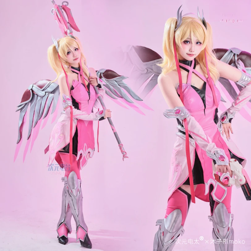 Mercy Angela Ziegler Overwatch OW أزياء الملاك الأحمر أزياء الهالوين الجلدية بذلة الدعائم شعر مستعار اكسسوارات موحدة امرأة مجموعة