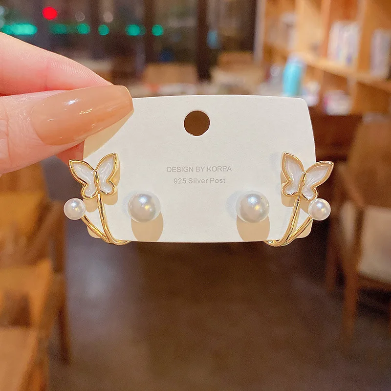 Enamel White Butterfly Imitation Pearl Stud Earrings Women Korean Design Two in One Jewelry Birthday Friend Christmas Gift