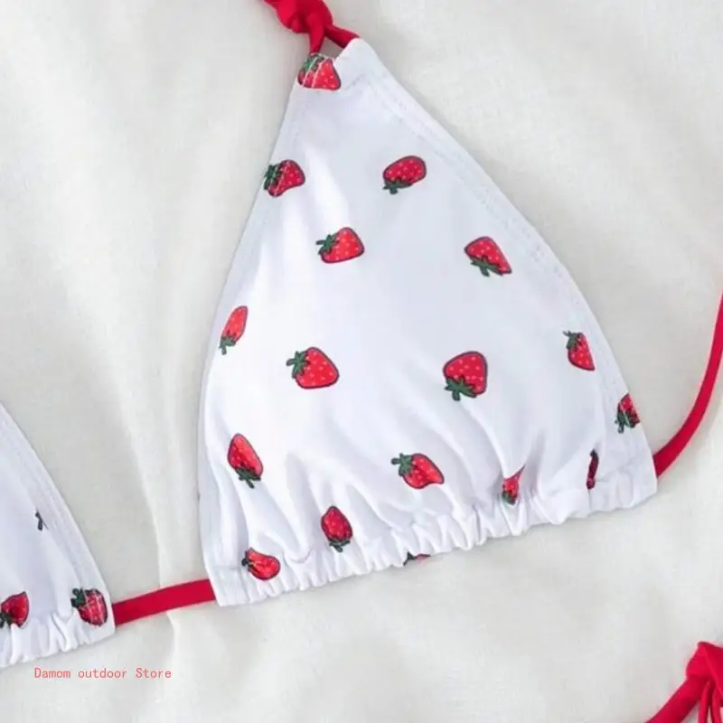 Women Sexy Side Tie Thong Strawberry Print Halterneck Swimsuit Bathing Suit Set