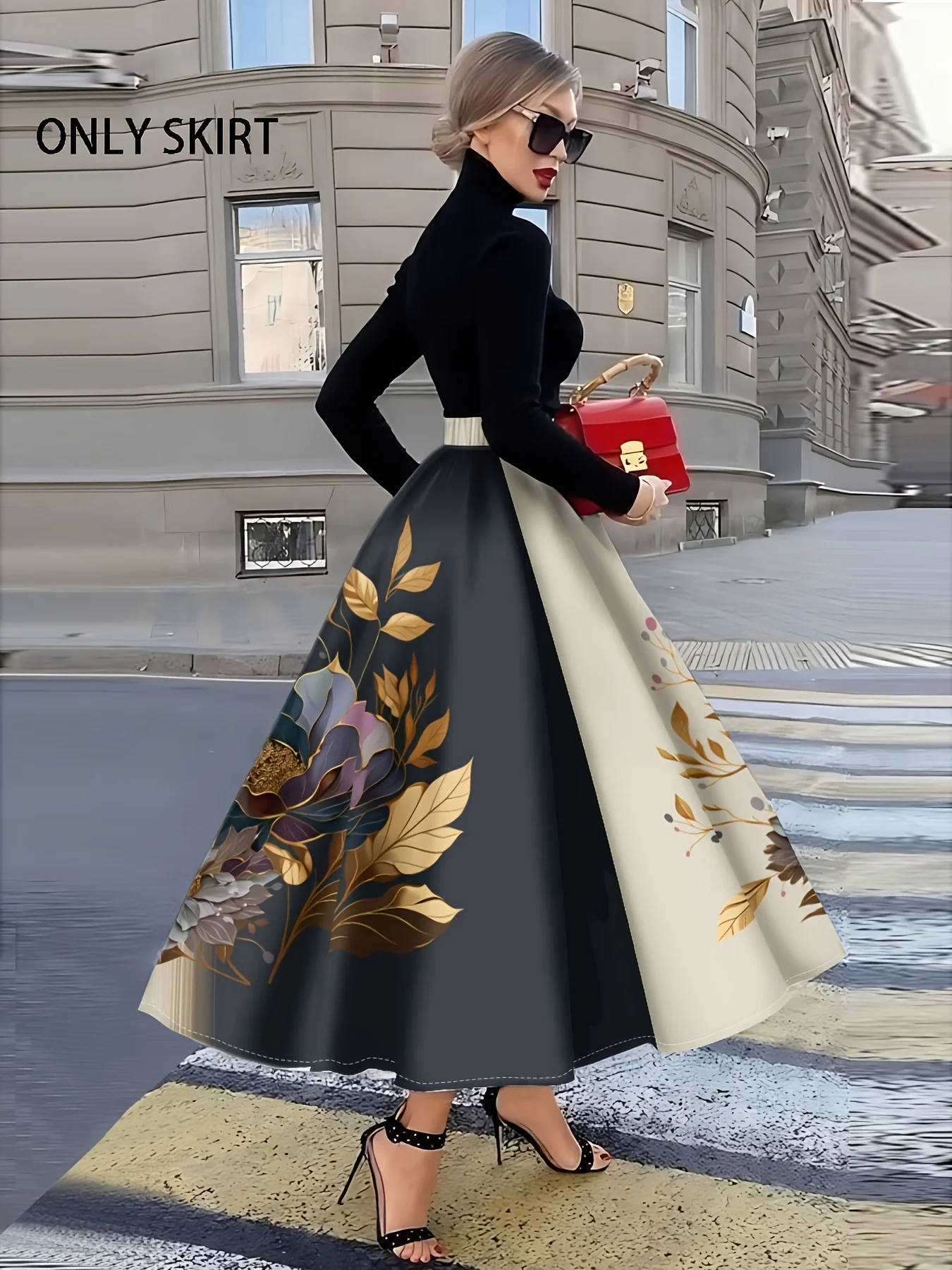Printed Design Floral Gold Leaf Pattern Print vacation style women's half skirt