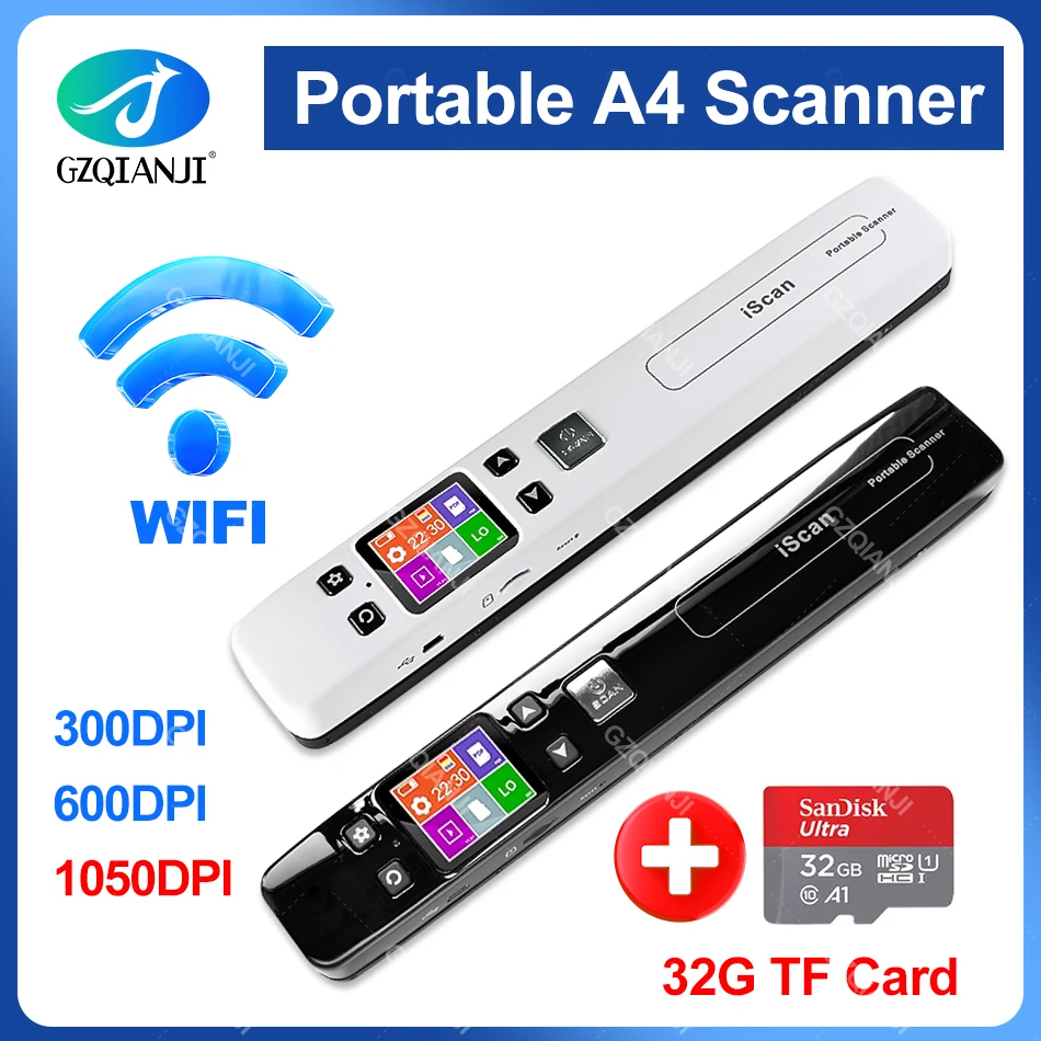 ISCAN Wifi Wireless Mini Portable A4 Document Scanner Images JPG PDF Formate Reader Pen with TF Card 32G 1050 dpi USB Wired