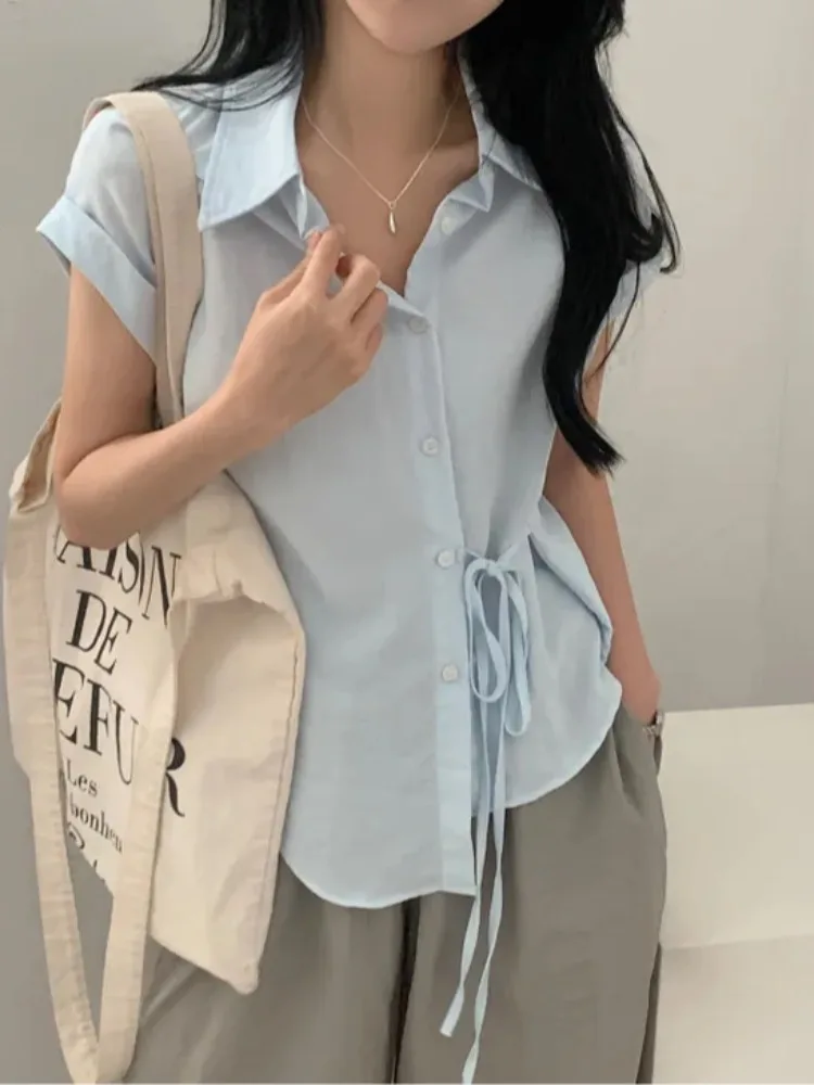 

Faionable Chic Women's Loose ort Sve irt with Belt Single Button Design Spring Summer Autumn Versatile Sli Top