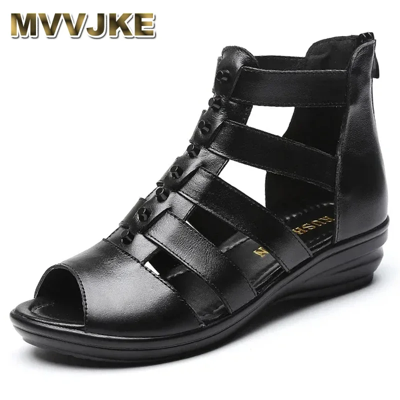 

Leather women's sandals wedge heel comfortable Roman women's shoes mother middle-aged and elderly Roman sandals