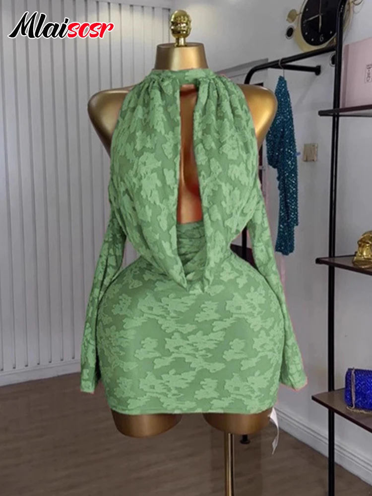 Mlaiscsr Print Hollow Out Long Sleeve Backless Bodycon Mini Dress Women Sexy Night Club Birthday Party Evening Gowns Vestidos
