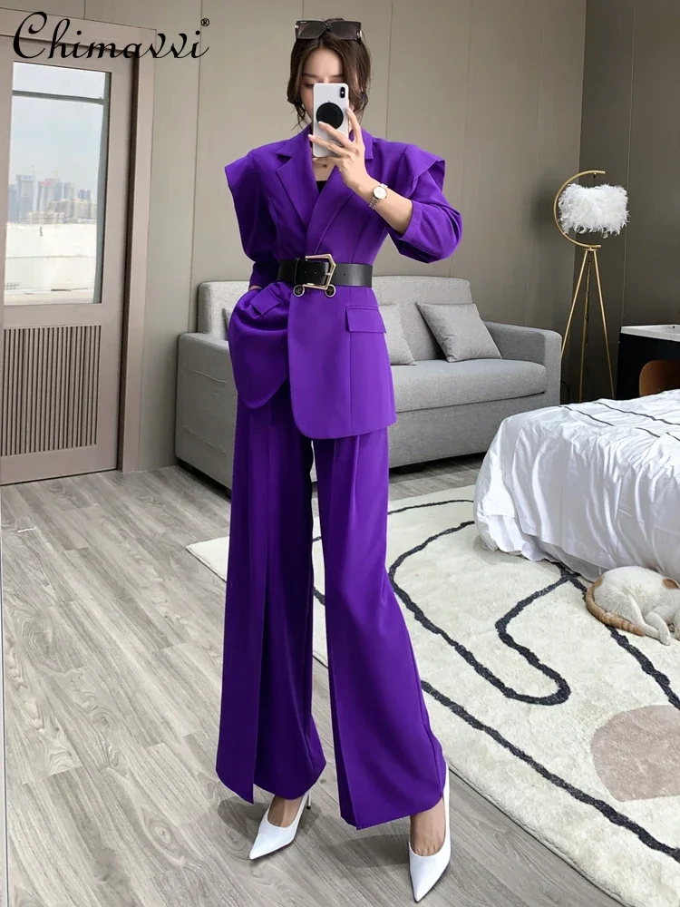 High-end Light Luxury Professional Pant Sets 2024 Autumn New Fashion Long-sleeved Blazer Wide-leg Pants Two-piece OL Outfits