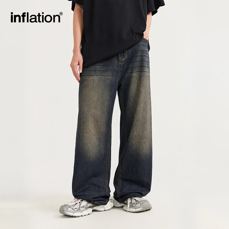 INFLATION Streetwear Retro Wide Leg Jeans Men Black Classic Loose Fit Denim Pants