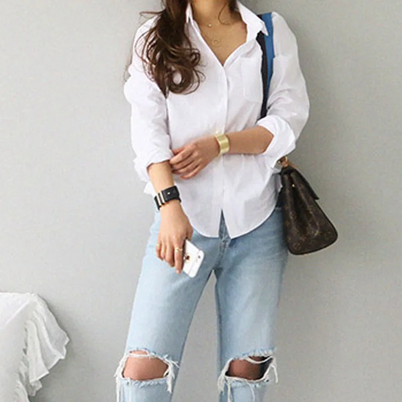 New Casual Ladies Blouse Cotton White Shirt Women Fashion Long Sleeve Clothes Button Up Loose OL Style Women\'s Tops Blusas 3496