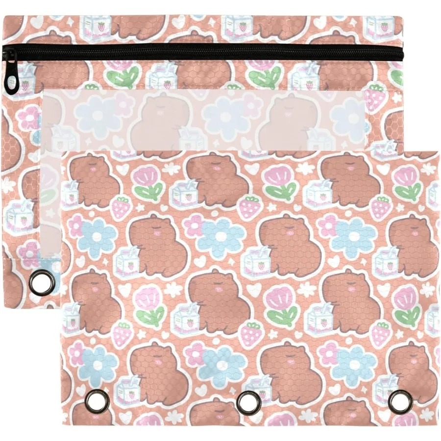 

Capybara Binder Pouches 3 Ring for Boys Girls School Office College Supplies Cute Strawberry Flowe Doodle Pattern Peil Pouches