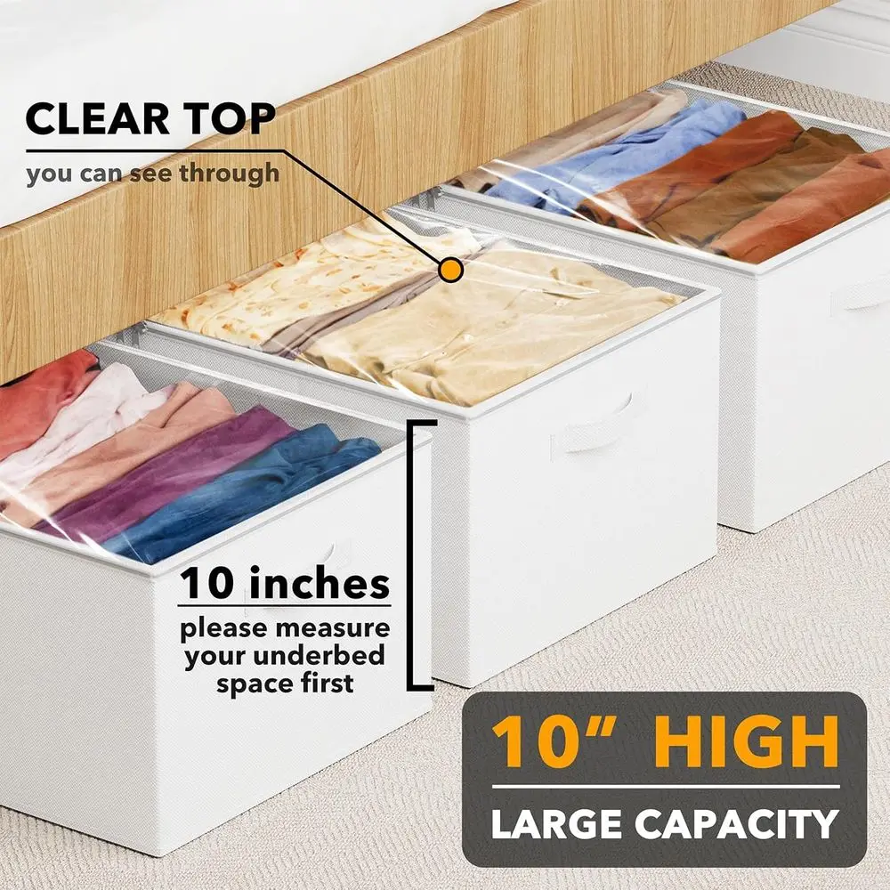 10 High Underbed Storage Boxes with Lids - Large Organizer Bins for Bedroom, Dorm, Clothes, and Bedding Storage (White)