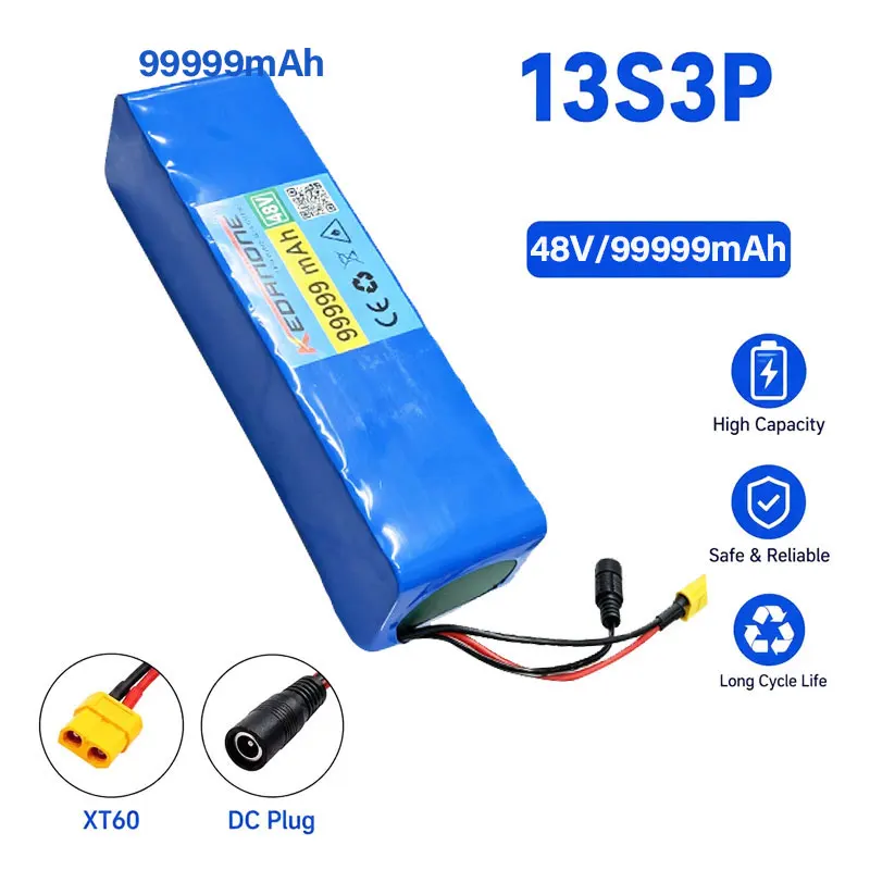 Batteria agli ioni di litio ad alta capacità, 48V, 99999mAh, 1000W, configurazione 13S3P, con sistema di gestione della batteria (BMS), per biciclette elettriche da 54,6V.