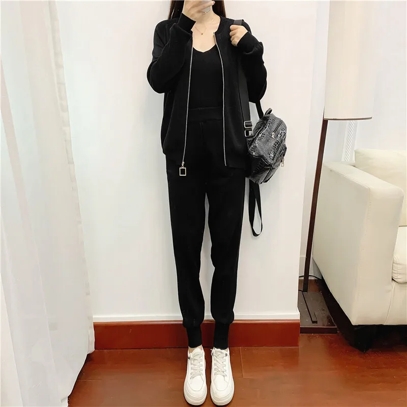 JY Spring and Autumn women's zipper knitted cardigan sweater+pants set+vest women's fashion pullover pants 3-piece set