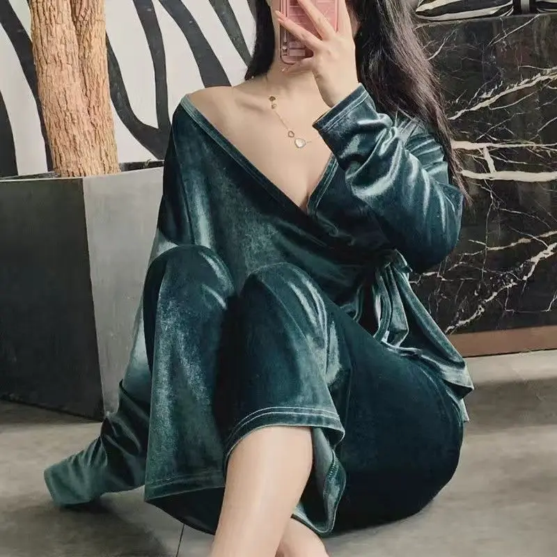 Autumn Velvet Sleepwear Velour Female Pajamas Two Pieces Set Long Sleeve Cardigan&Trouser Suit Loose Casual Homewear Lounge Wear