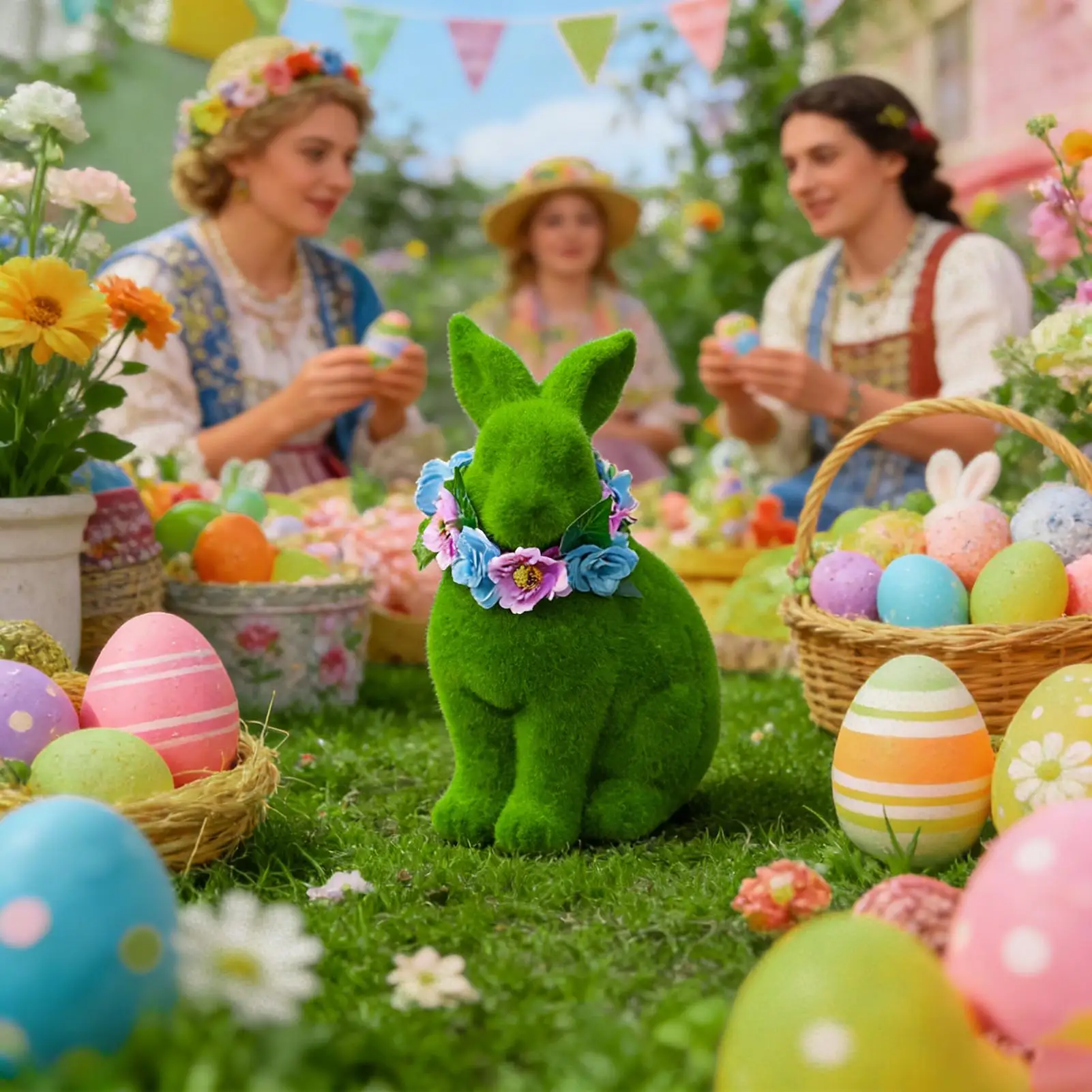 Easter Bunny Statue 3D Green Resin Holiday Supplies Wearing A Floral Wreath Easter Bunny Garden Decor For Yard Garden Lawn Porch