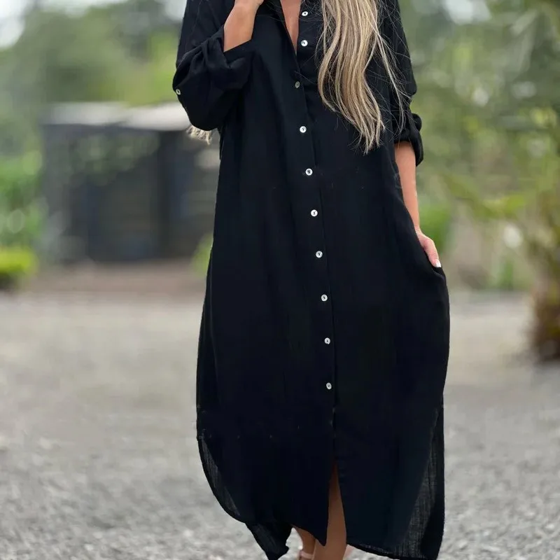 Ladies Lapel Collar Dress Stylish Women\'s V-neck Shirt Dress with Pockets Side Split Loose Fit Midi Dress for Beach Holiday Robe