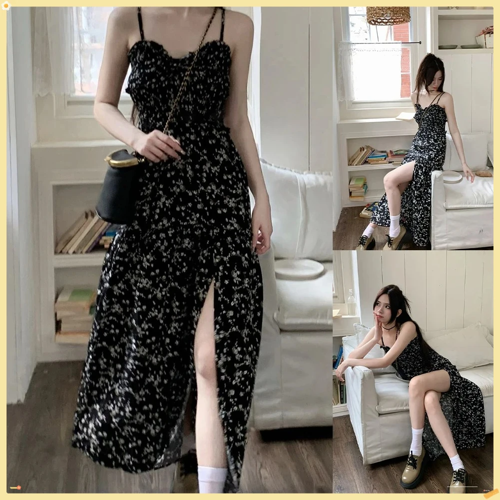 

Новинка лета 2024, популярное платье для перерыва на чай, женская внутренняя одежда без бретелек с цветочным принтом, черное длинное платье с завязкой на талии и разрезом на шее
